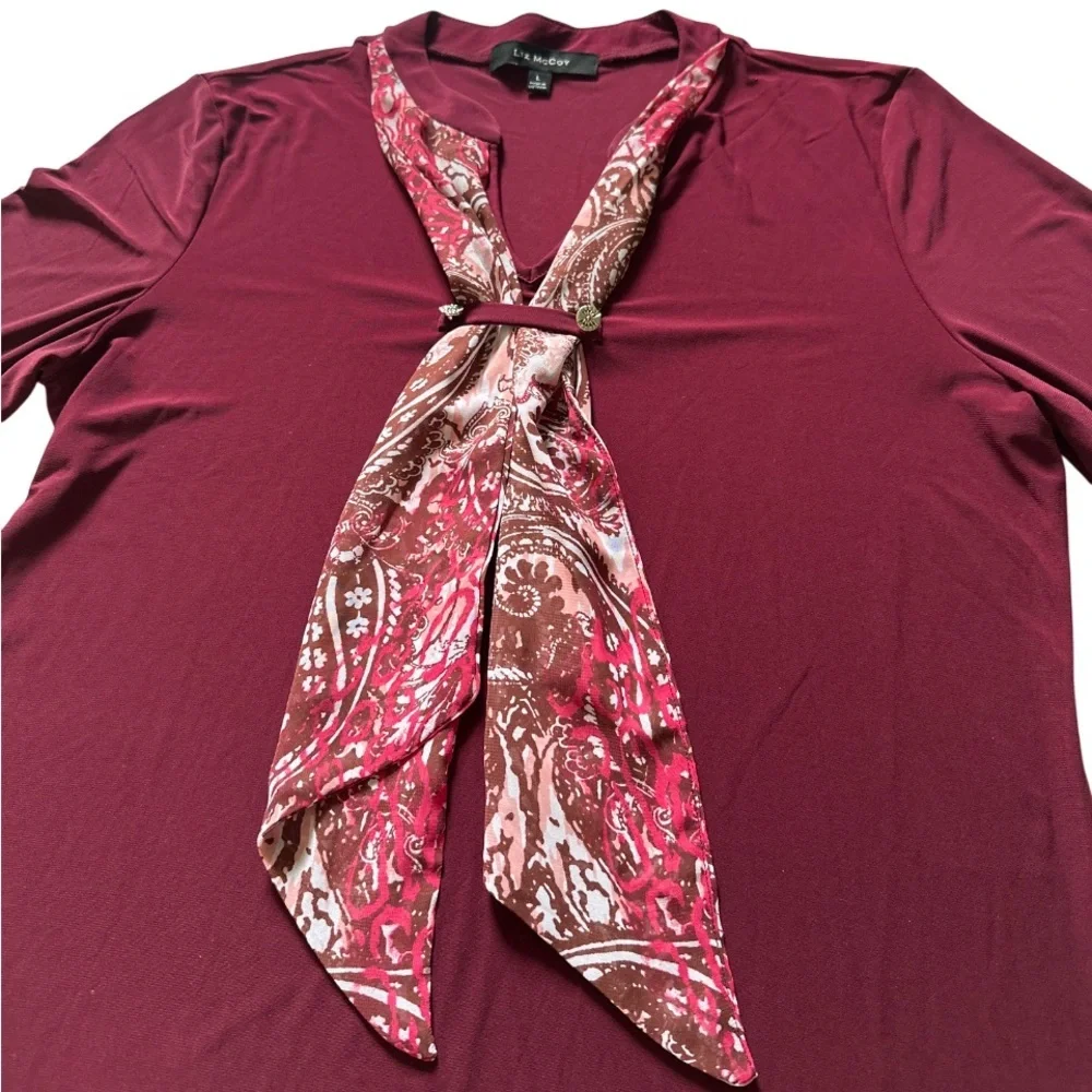 Burgundy Blouse Sz L Scarf Tie Top V Neck 3/4 Sleeve Office Career Preppy